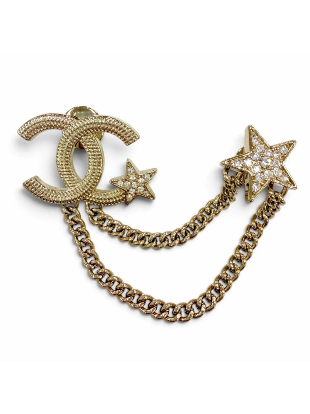 Chanel Metal CC Logo Star Chain Rhinestone Brooch Gold